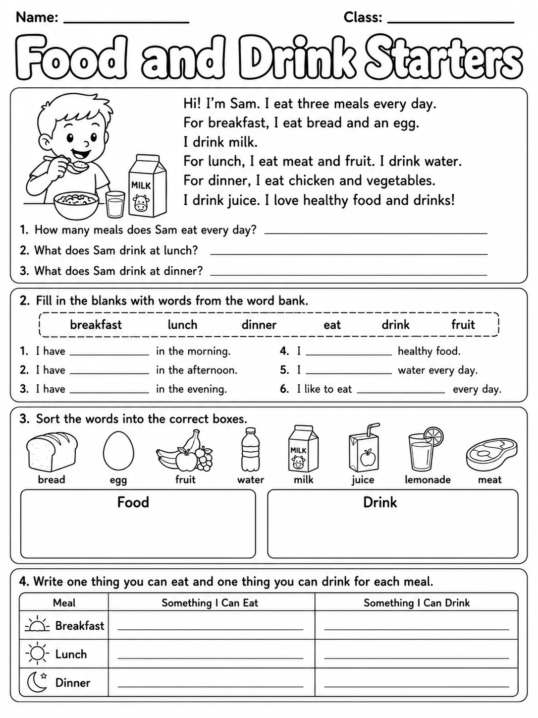 Food and Drink Starters Vocabulary Worksheet Pack page 8 printable worksheet preview