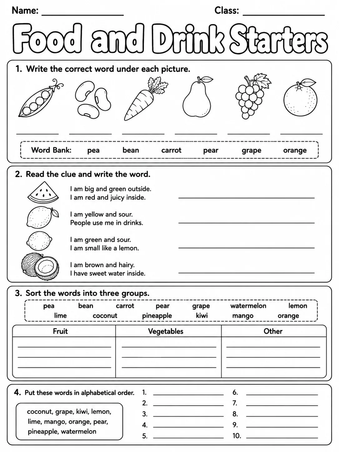 Food and Drink Starters Vocabulary Worksheet Pack page 9 printable worksheet preview
