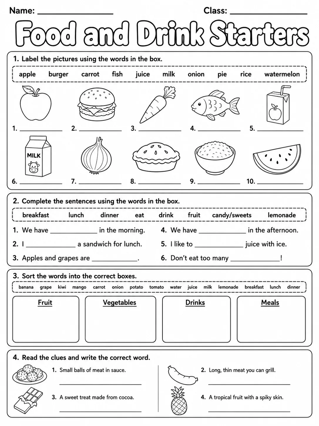 Food and Drink Starters Vocabulary Worksheet Pack page 10 printable worksheet preview