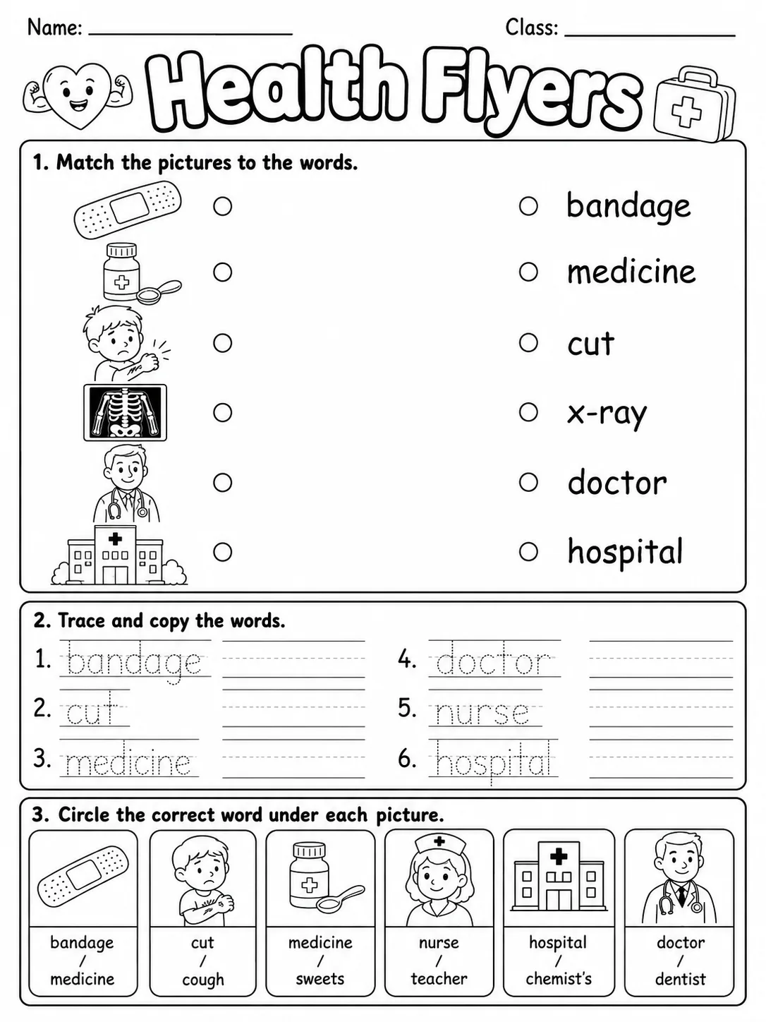 Health Flyers Vocabulary Worksheet Pack printable Flyers English worksheet bundle preview from KiwiBee