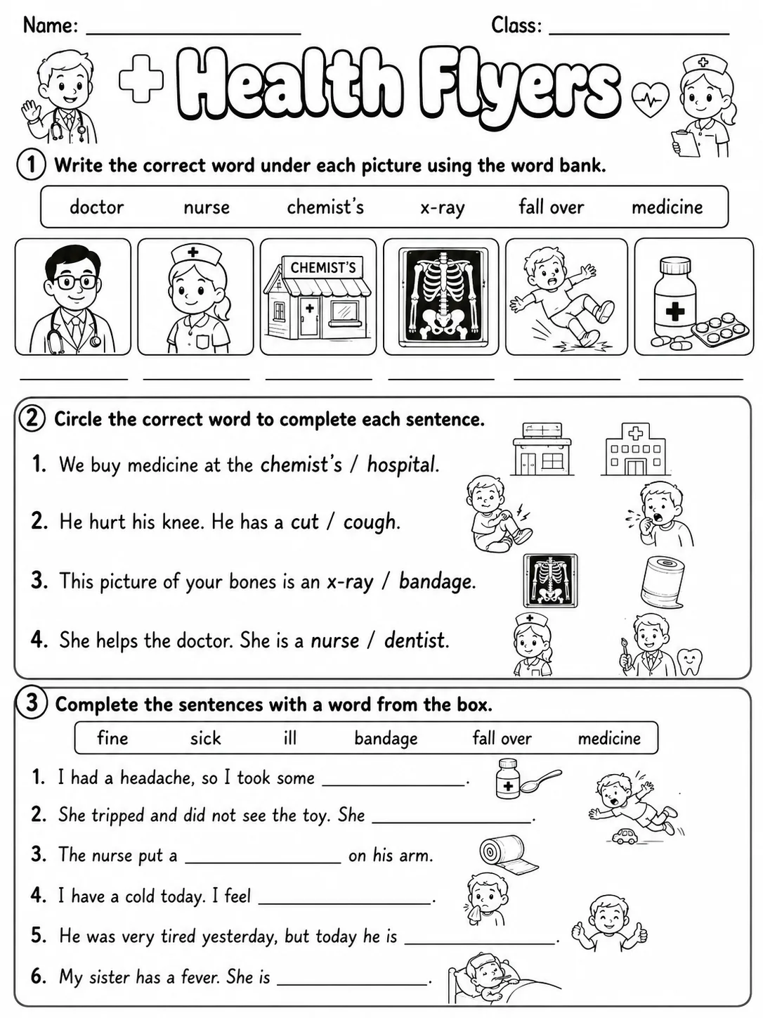 Health Flyers Vocabulary Worksheet Pack page 3 printable worksheet preview