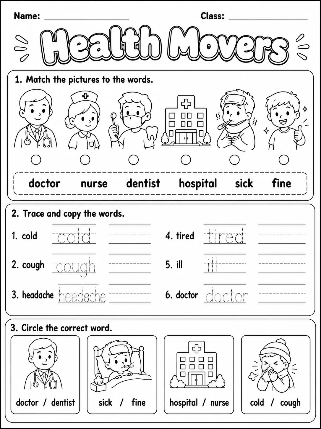 Health Movers Vocabulary Worksheet Pack printable Movers English worksheet bundle preview from KiwiBee
