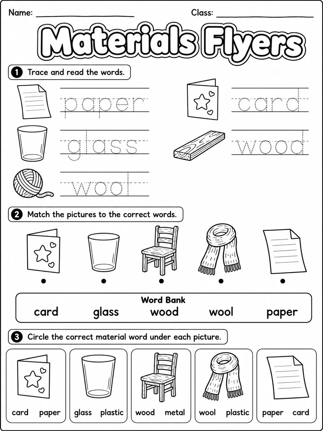 Materials Flyers Vocabulary Worksheet Pack printable Flyers English worksheet bundle preview from KiwiBee