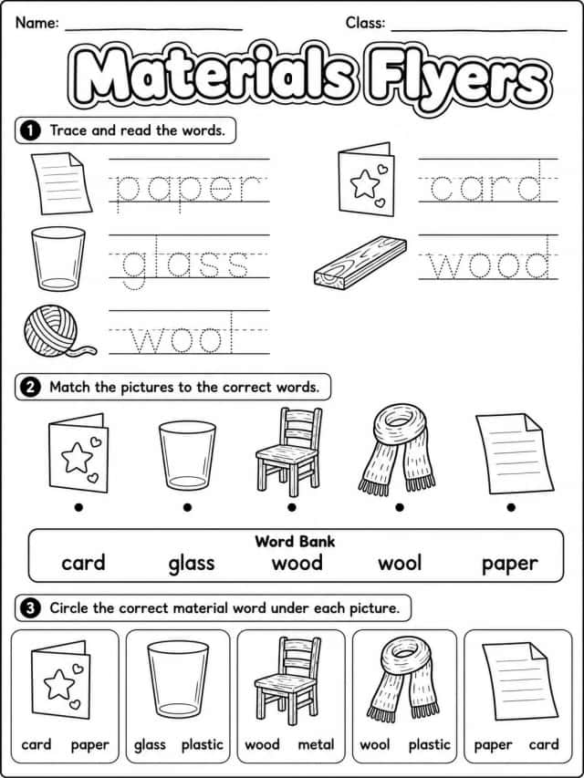Materials Flyers Vocabulary Worksheet Pack