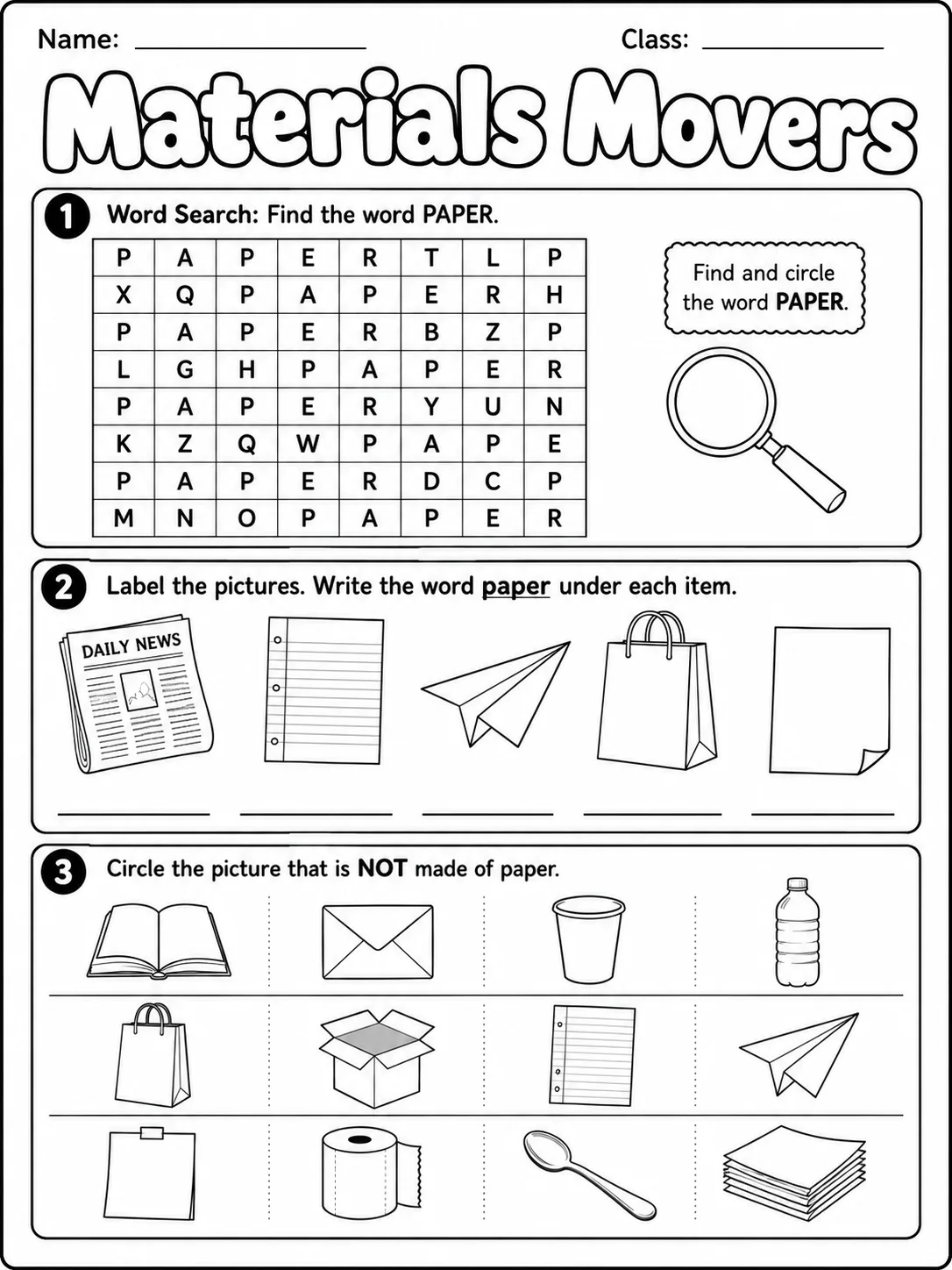 Materials Movers Vocabulary Worksheet Pack page 3 printable worksheet preview