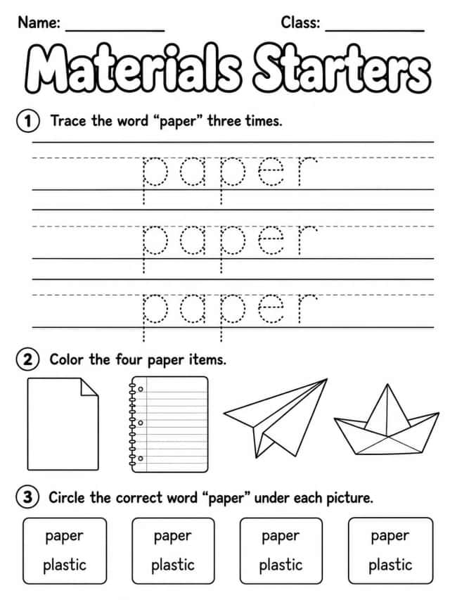 Materials Starters Vocabulary Worksheet Pack