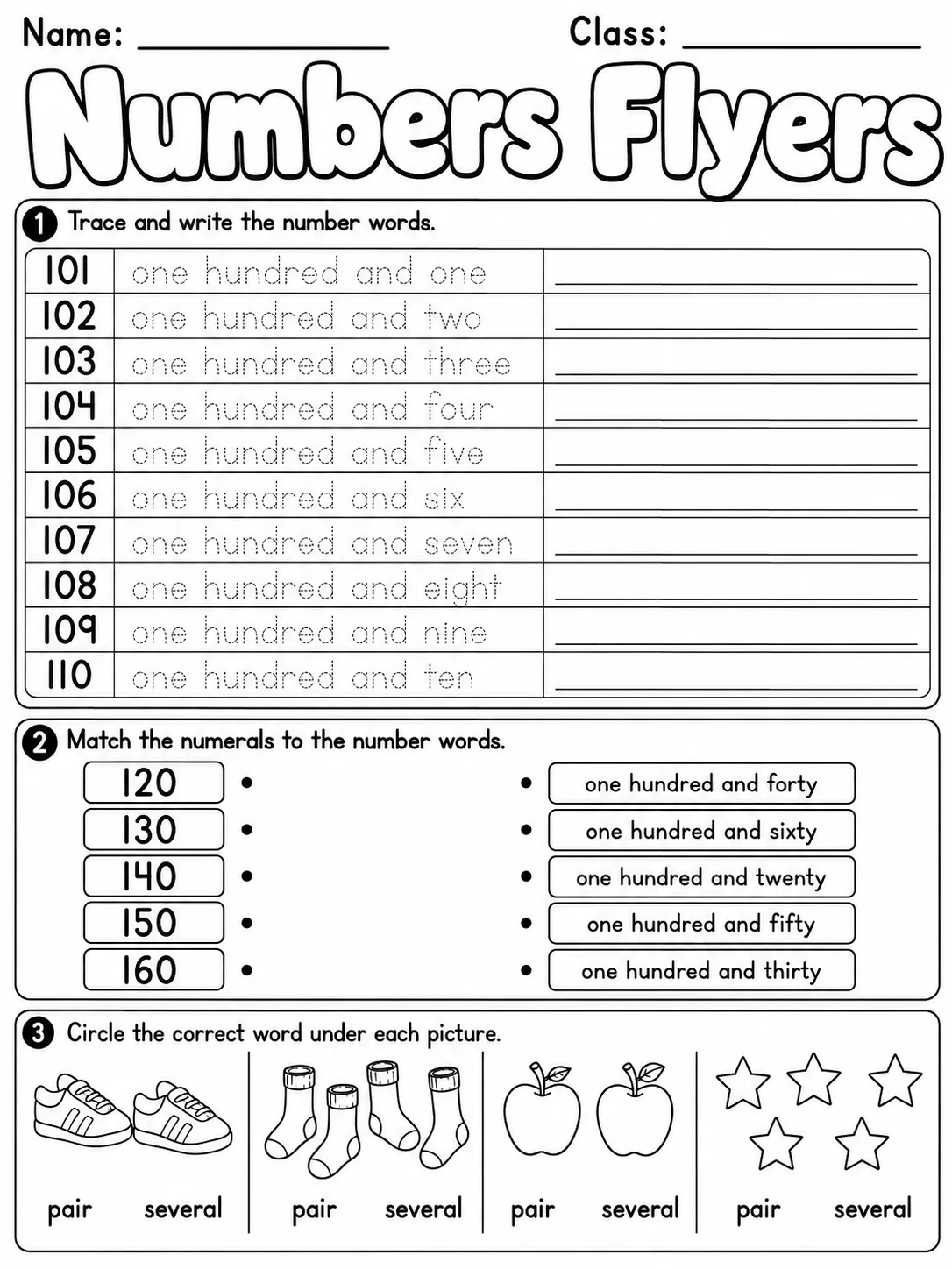 Numbers Flyers Vocabulary Worksheet Pack printable Flyers English worksheet bundle preview from KiwiBee