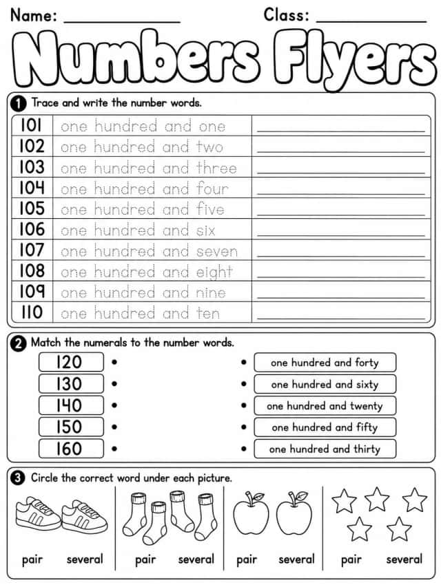 Numbers Flyers Vocabulary Worksheet Pack