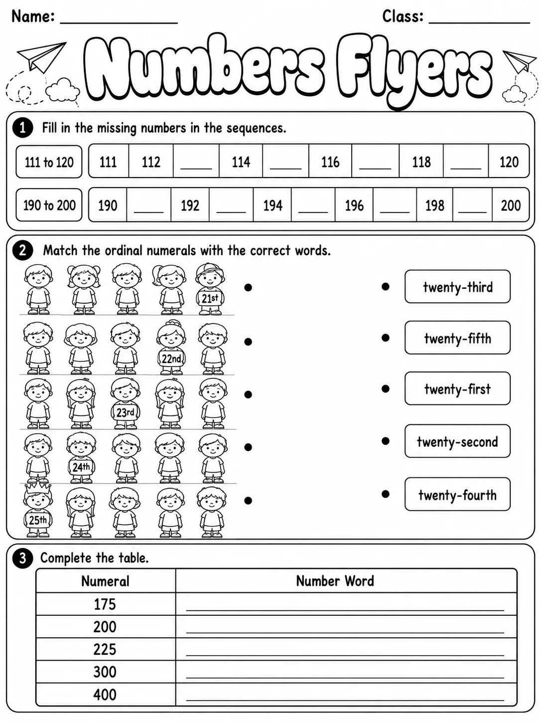 Numbers Flyers Vocabulary Worksheet Pack page 2 printable worksheet preview