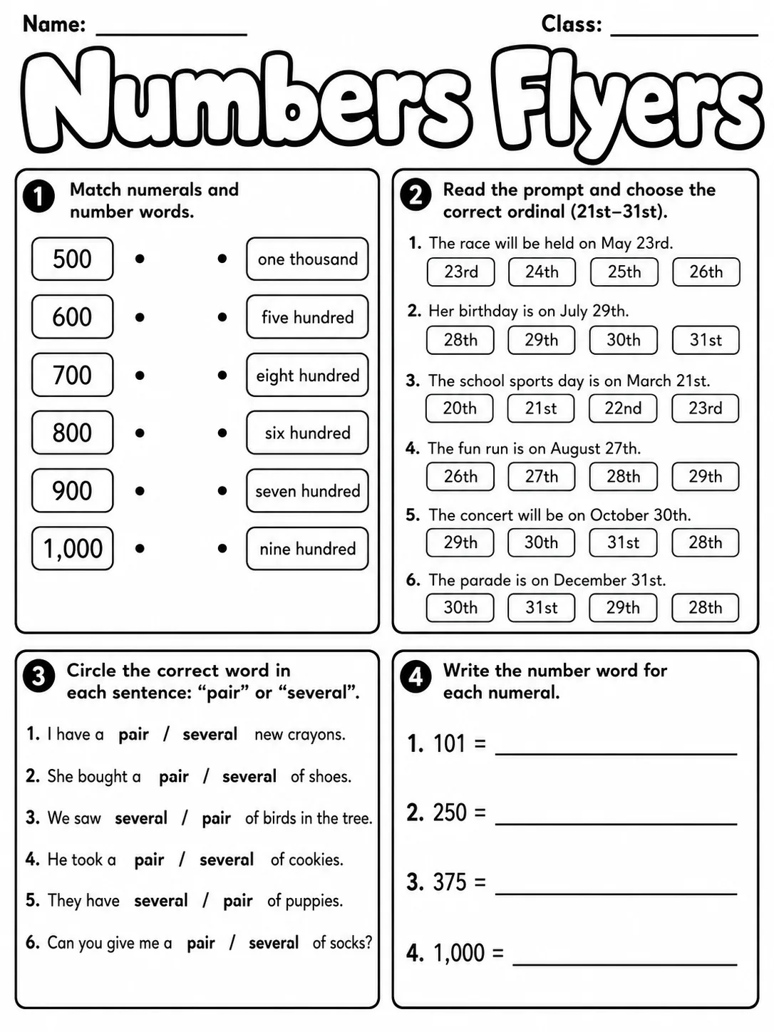 Numbers Flyers Vocabulary Worksheet Pack page 5 printable worksheet preview