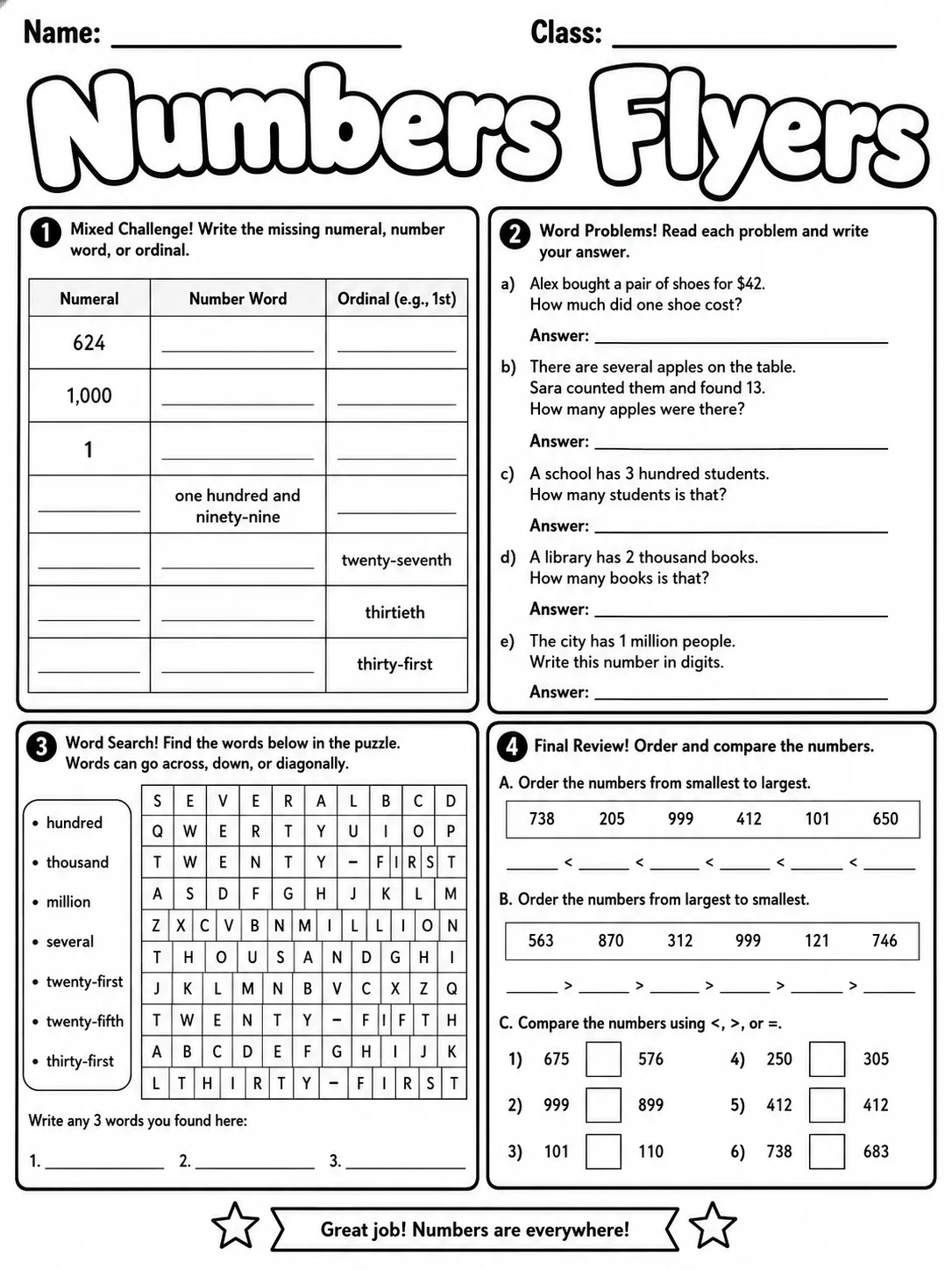 Numbers Flyers Vocabulary Worksheet Pack page 10 printable worksheet preview