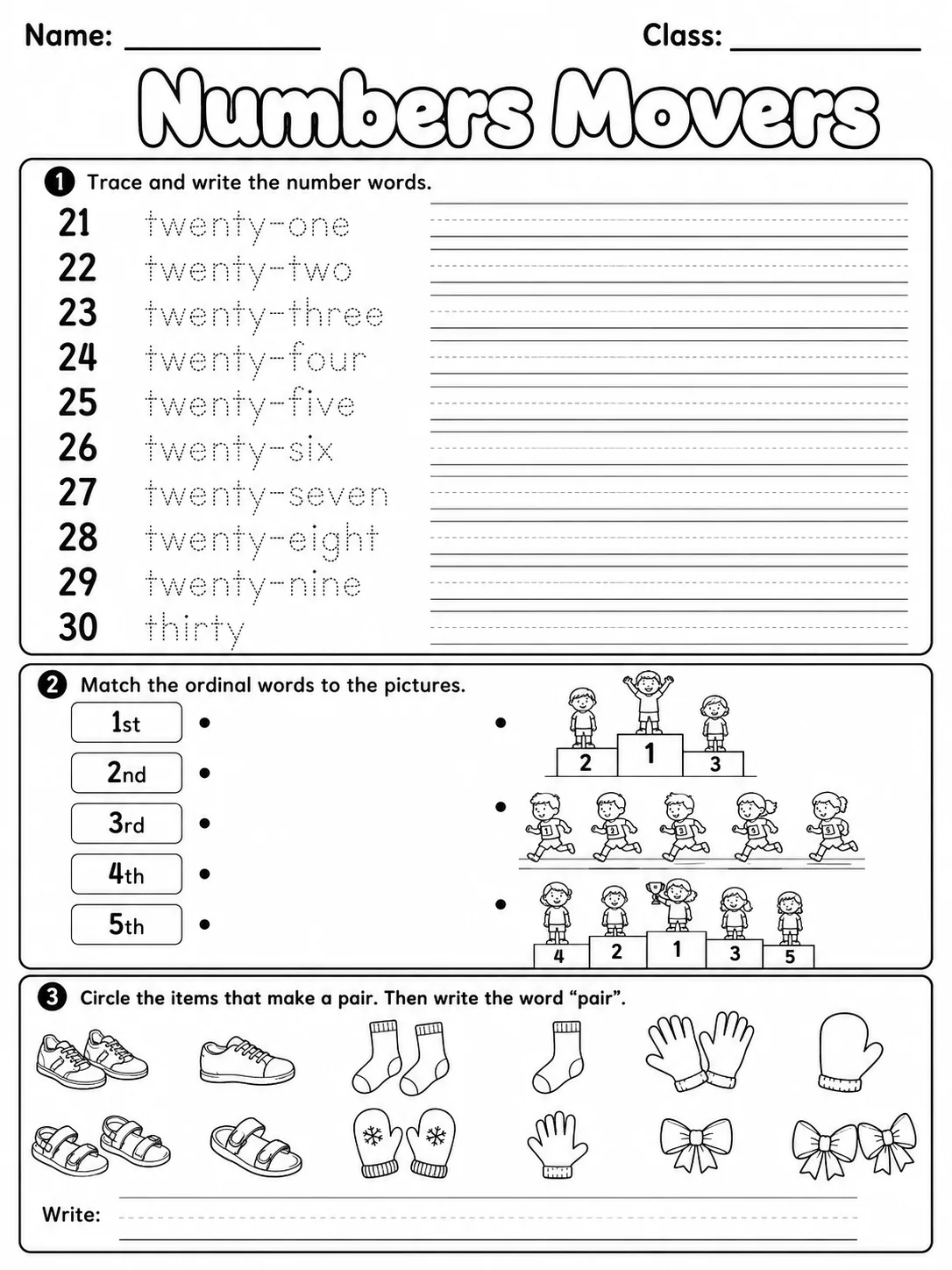 Numbers Movers Vocabulary Worksheet Pack printable Movers English worksheet bundle preview from KiwiBee
