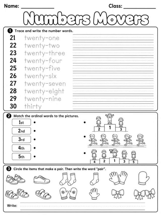 Numbers Movers Vocabulary Worksheet Pack