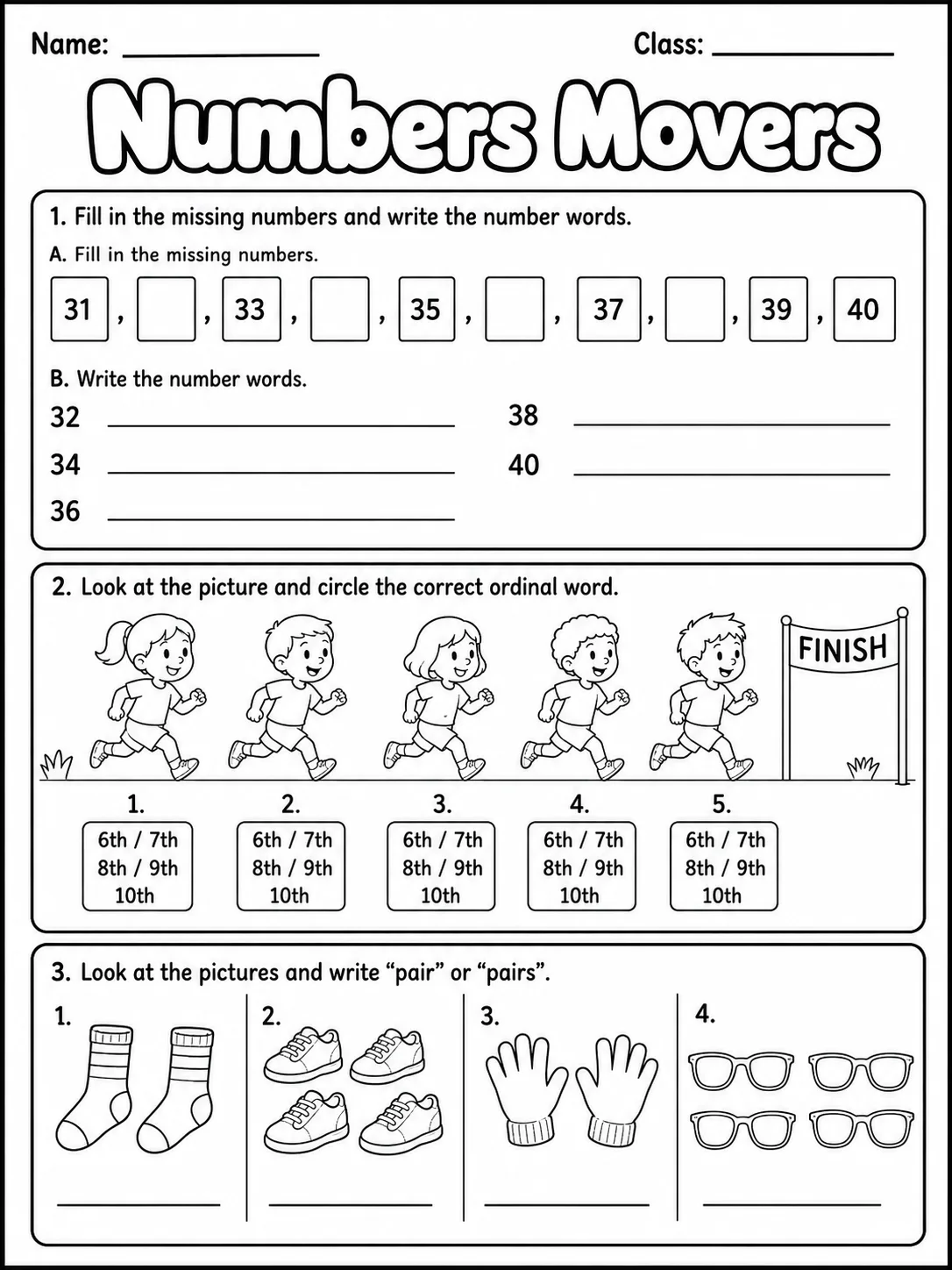 Numbers Movers Vocabulary Worksheet Pack page 2 printable worksheet preview