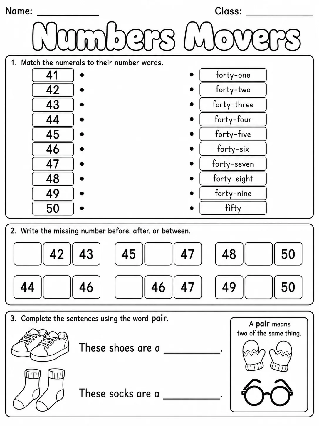 Numbers Movers Vocabulary Worksheet Pack page 3 printable worksheet preview