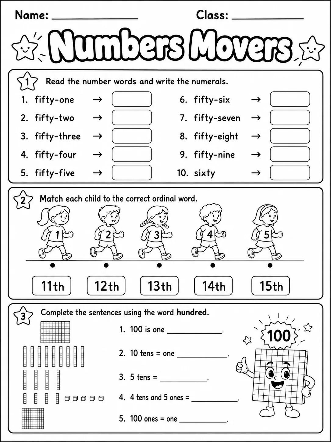 Numbers Movers Vocabulary Worksheet Pack page 4 printable worksheet preview