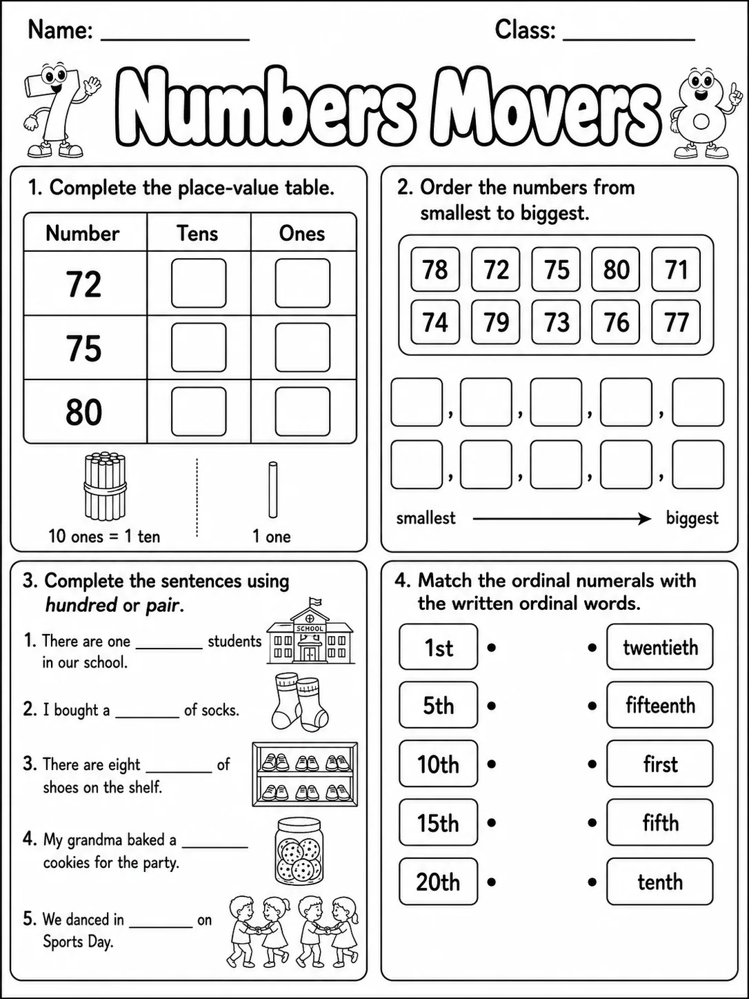 Numbers Movers Vocabulary Worksheet Pack page 6 printable worksheet preview