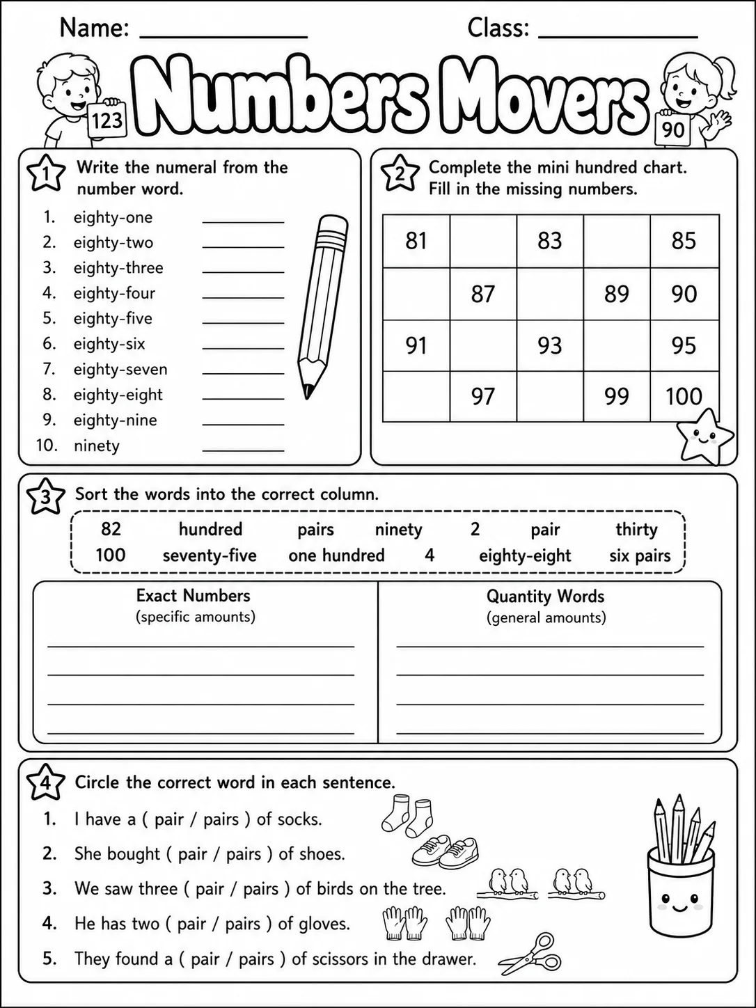 Numbers Movers Vocabulary Worksheet Pack page 7 printable worksheet preview