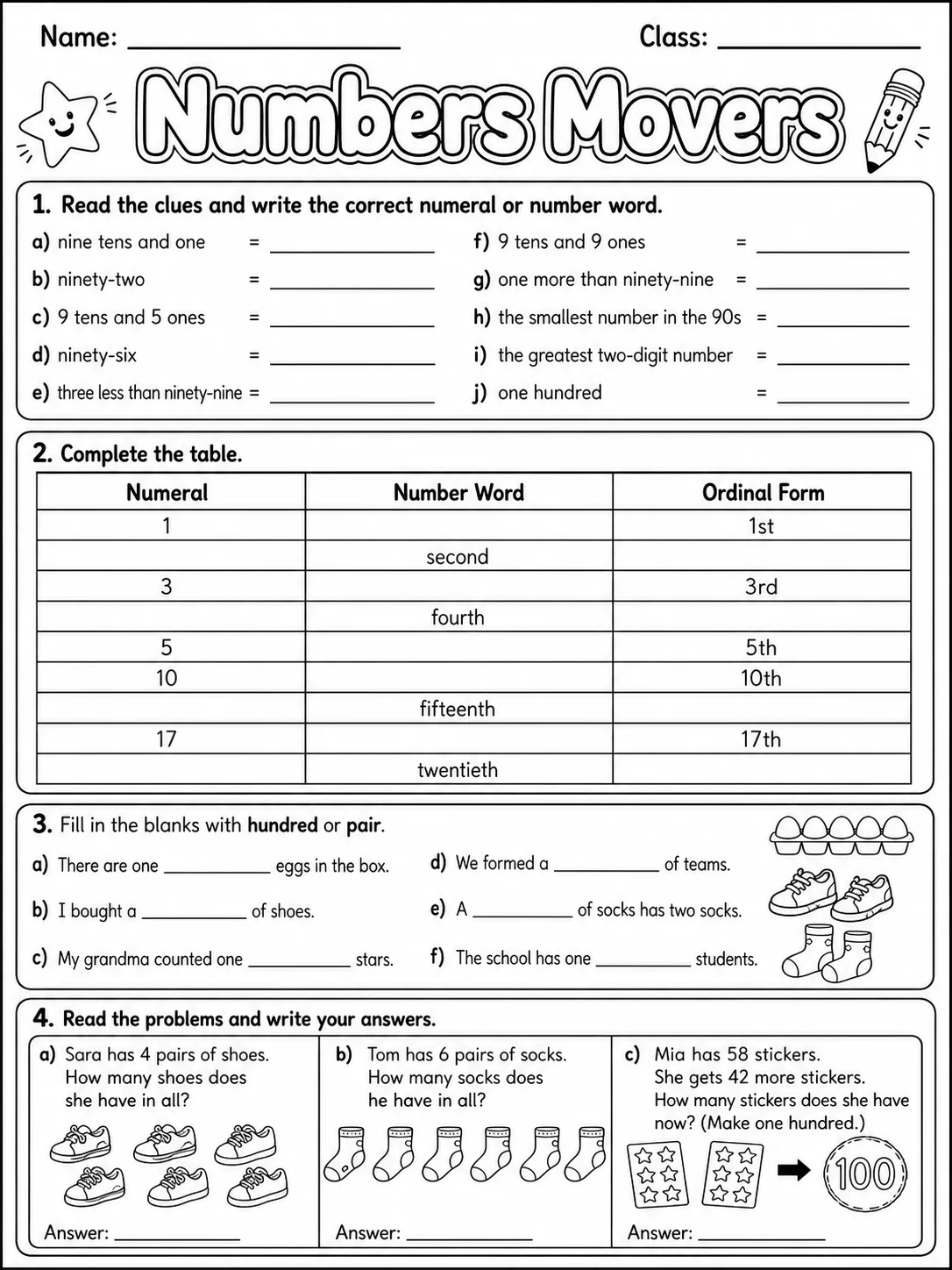 Numbers Movers Vocabulary Worksheet Pack page 8 printable worksheet preview