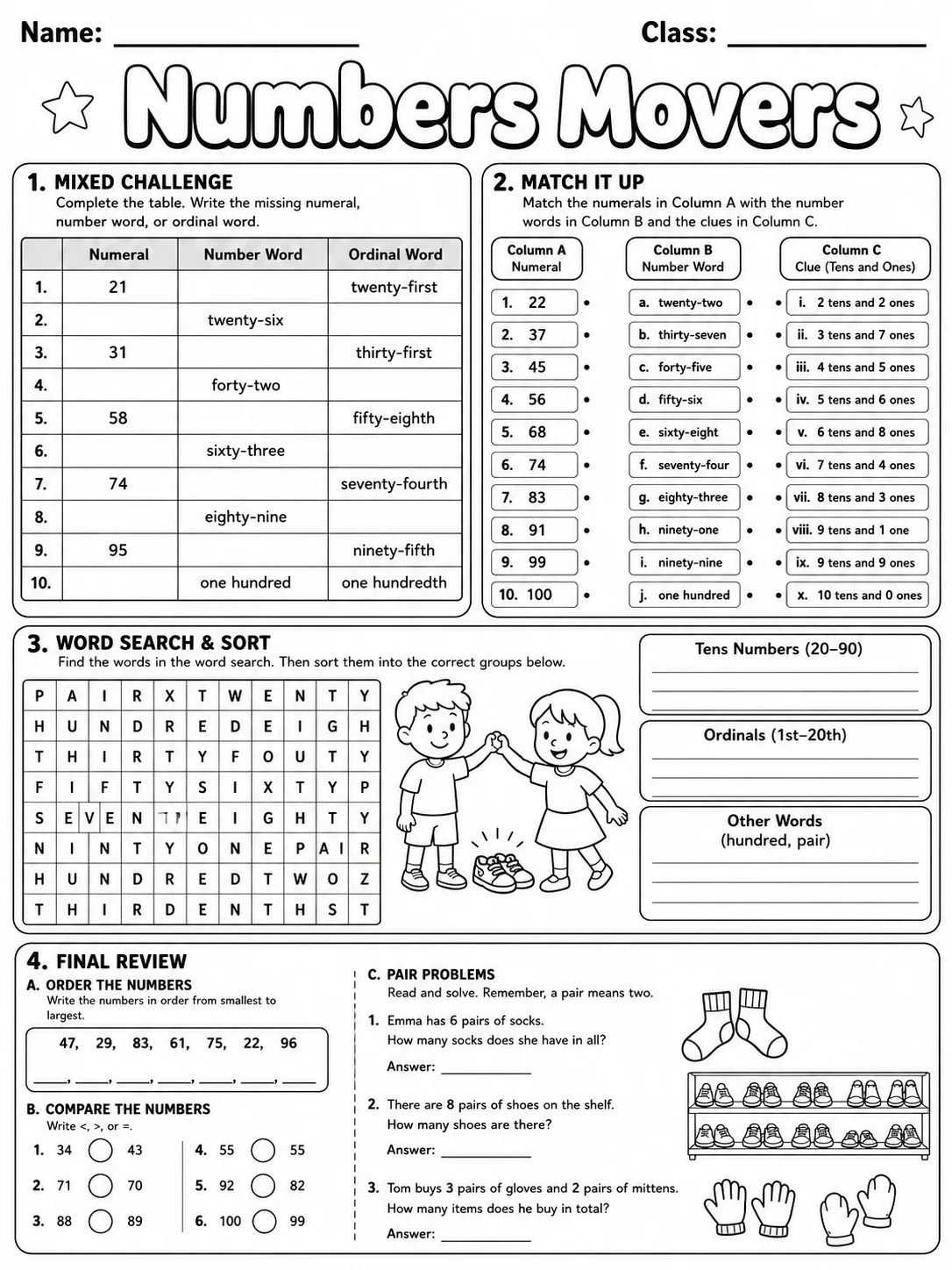 Numbers Movers Vocabulary Worksheet Pack page 9 printable worksheet preview