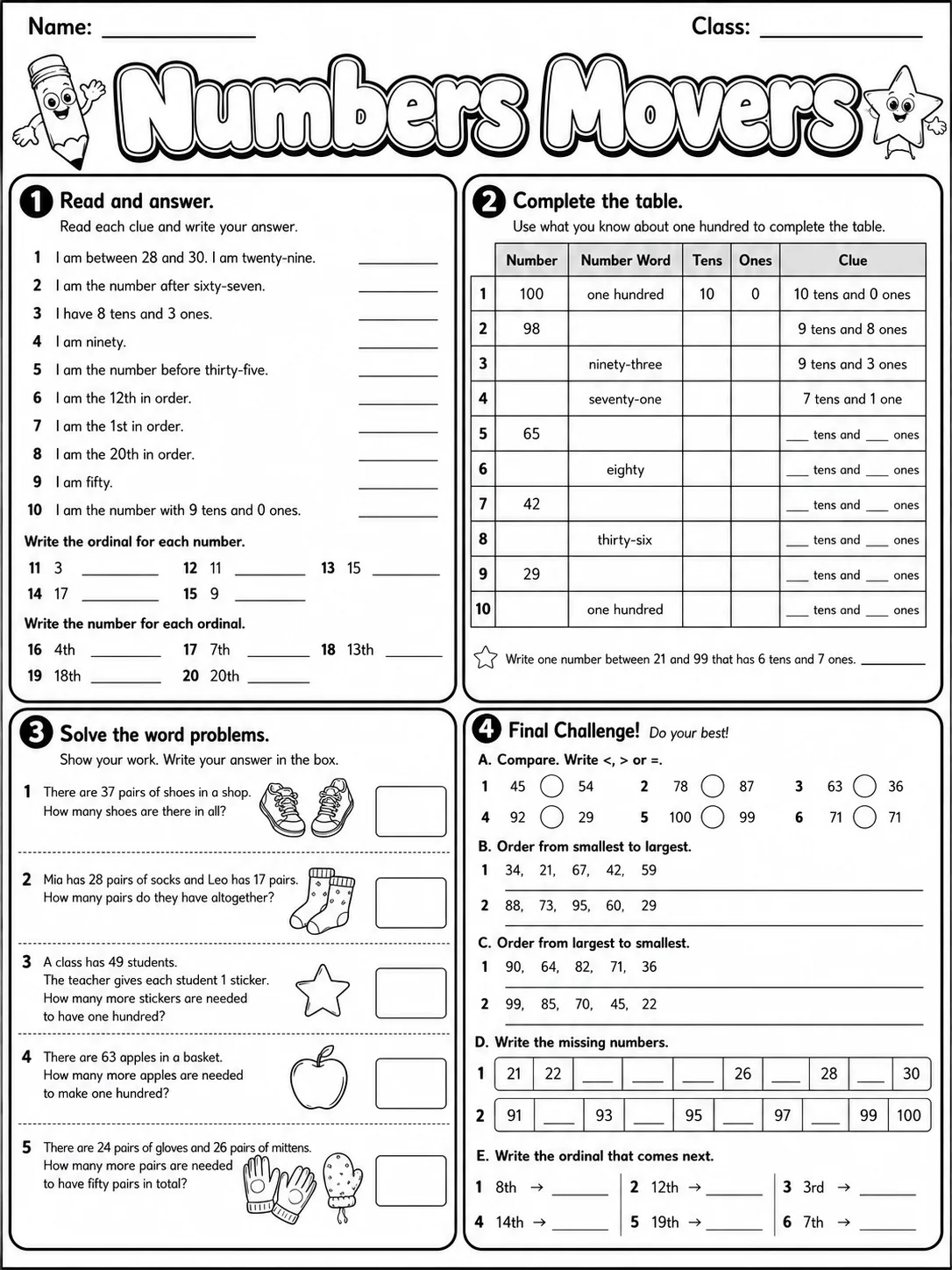Numbers Movers Vocabulary Worksheet Pack page 10 printable worksheet preview