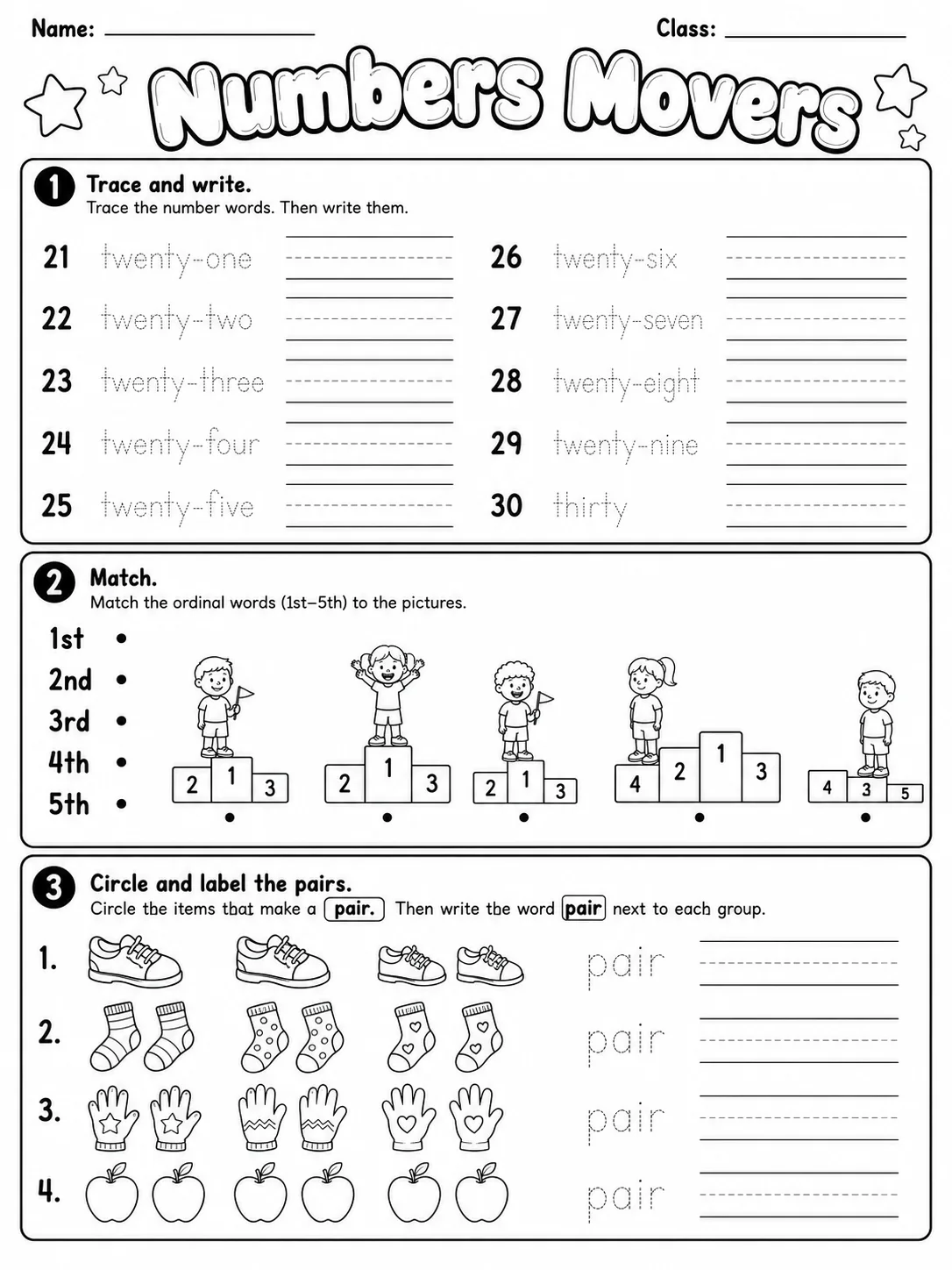 Numbers Movers Vocabulary Worksheet Pack - Set 2 printable Movers English worksheet bundle preview from KiwiBee