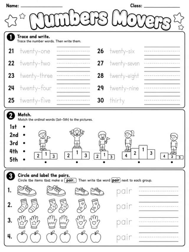 Numbers Movers Vocabulary Worksheet Pack - Set 2