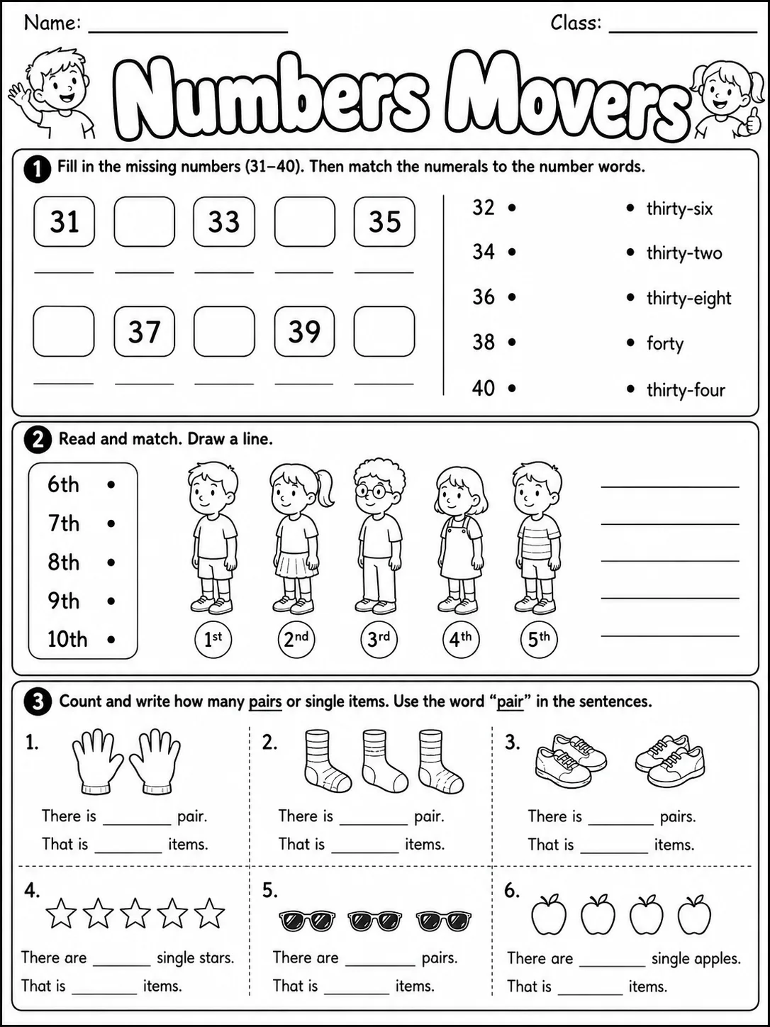 Numbers Movers Vocabulary Worksheet Pack - Set 2 page 2 printable worksheet preview