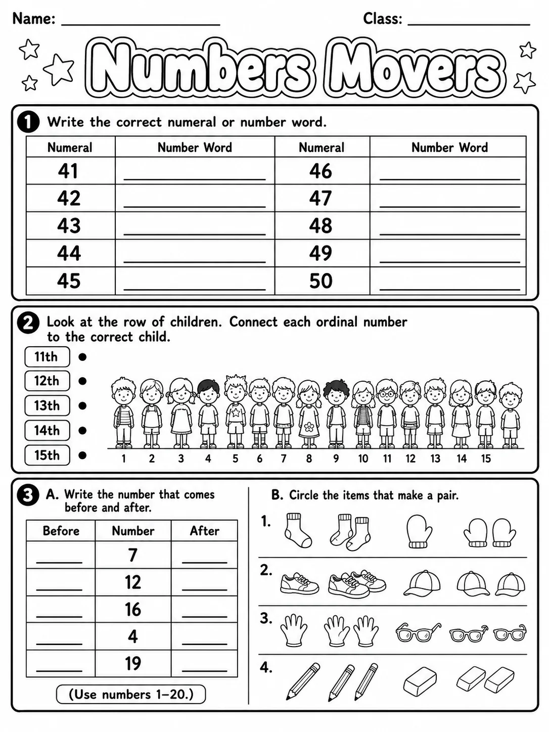 Numbers Movers Vocabulary Worksheet Pack - Set 2 page 3 printable worksheet preview