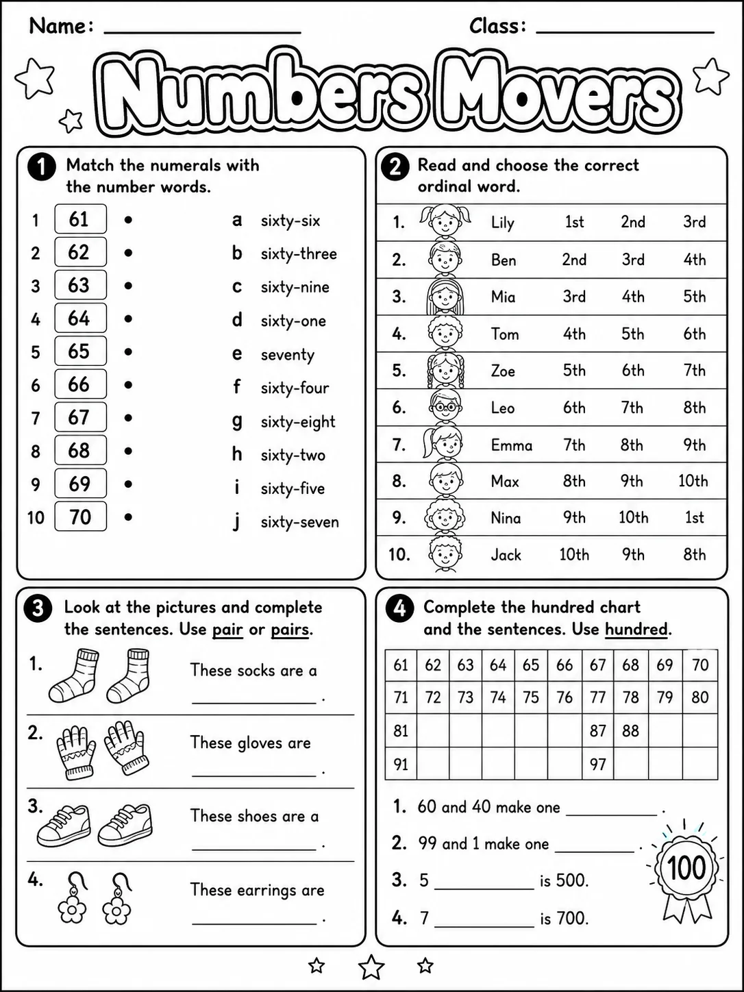 Numbers Movers Vocabulary Worksheet Pack - Set 2 page 5 printable worksheet preview