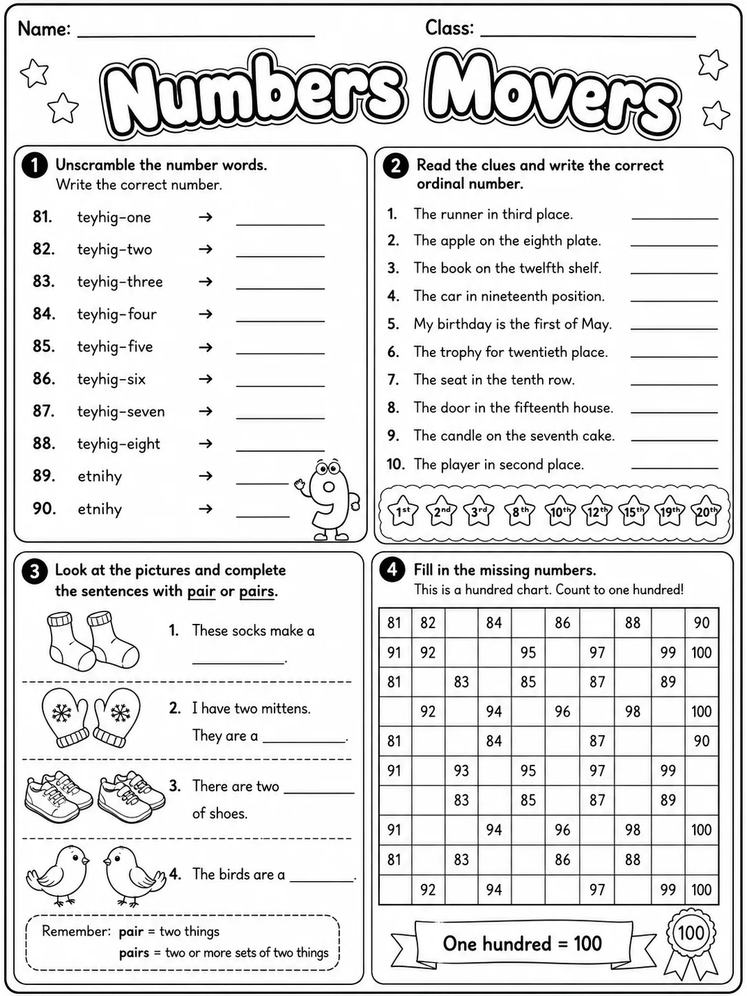 Numbers Movers Vocabulary Worksheet Pack - Set 2 page 7 printable worksheet preview