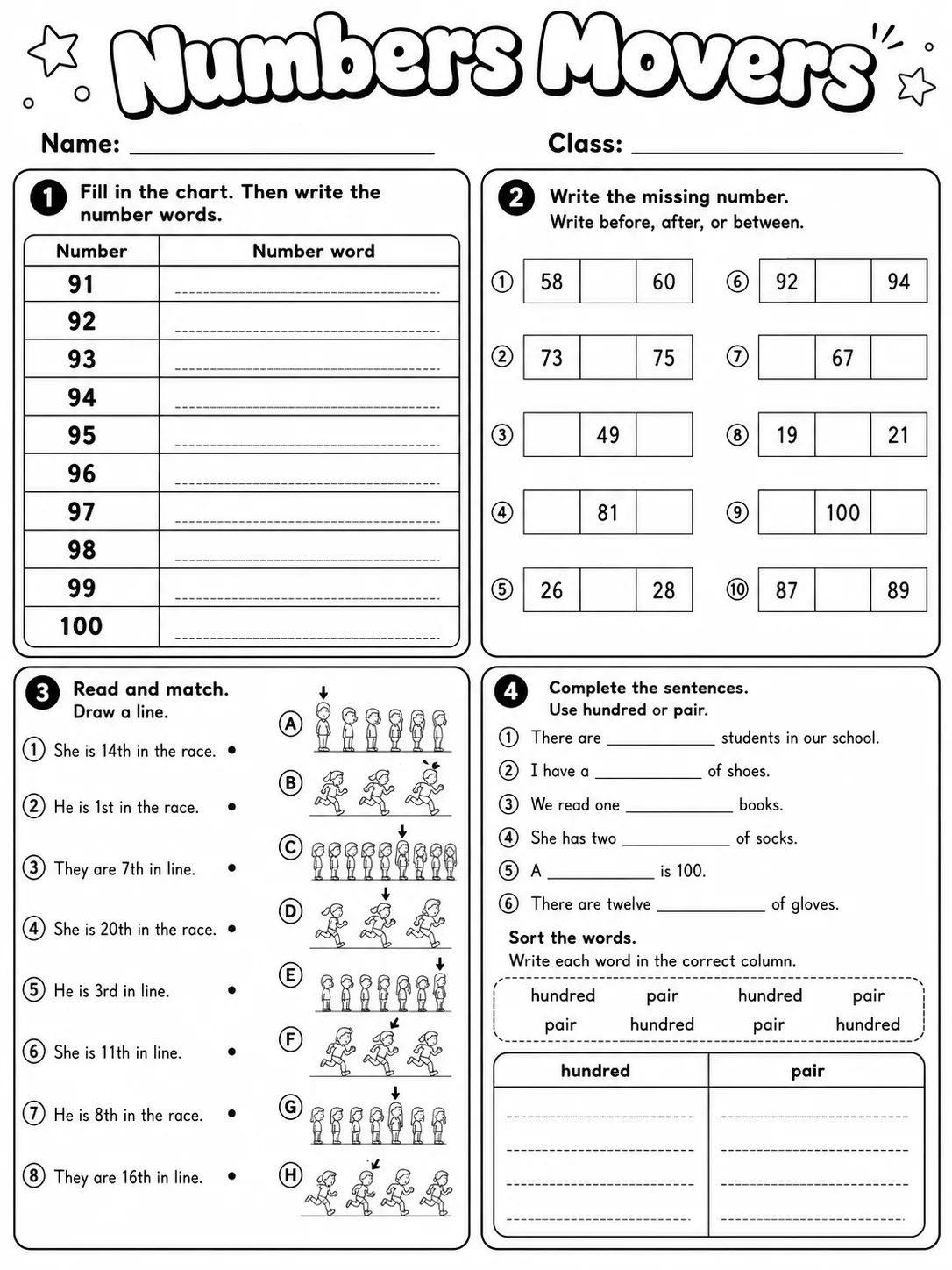 Numbers Movers Vocabulary Worksheet Pack - Set 2 page 8 printable worksheet preview