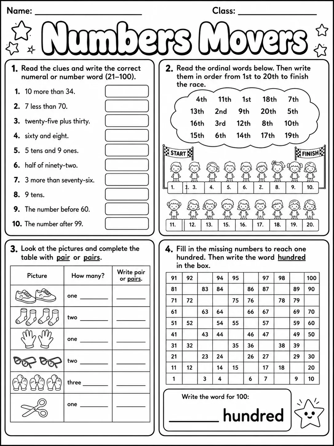 Numbers Movers Vocabulary Worksheet Pack - Set 2 page 9 printable worksheet preview