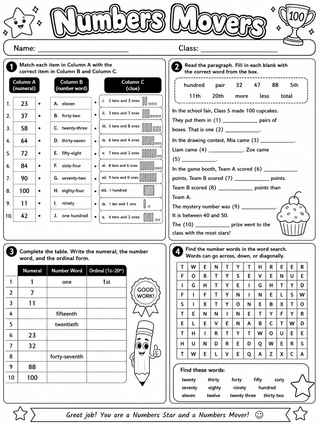 Numbers Movers Vocabulary Worksheet Pack - Set 2 page 10 printable worksheet preview