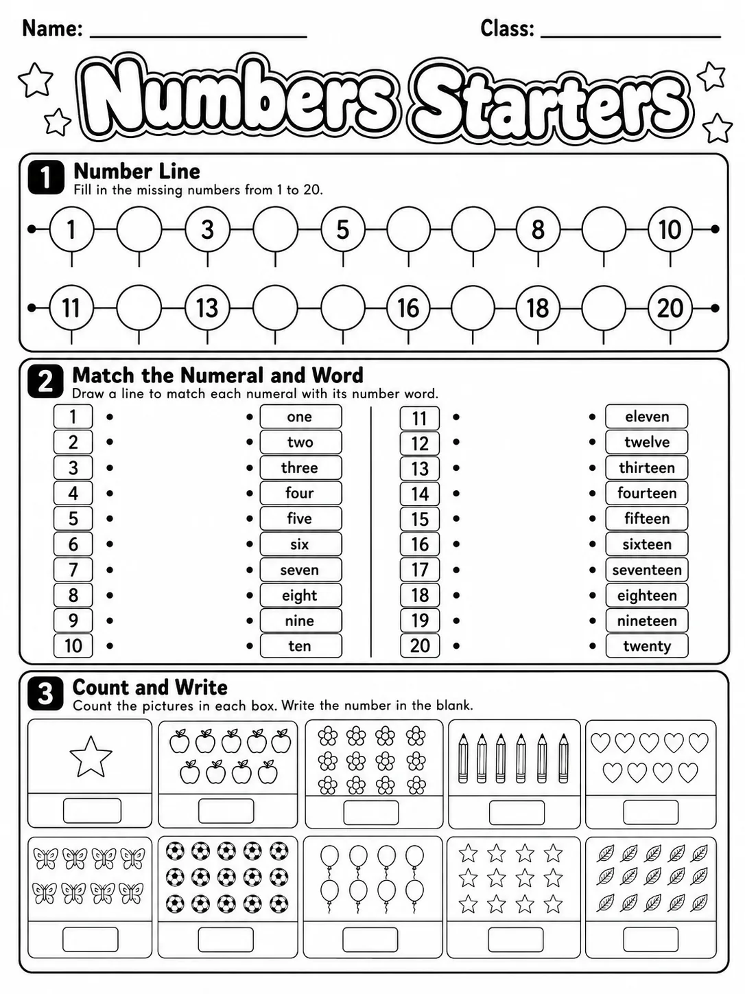 Numbers Starters Vocabulary Worksheet Pack page 4 printable worksheet preview