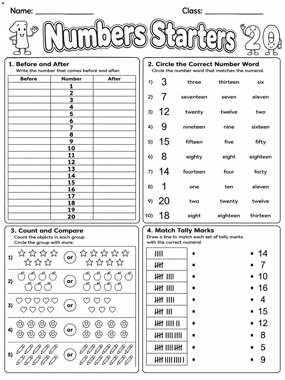 Numbers Starters Vocabulary Worksheet Pack page 5 printable worksheet preview