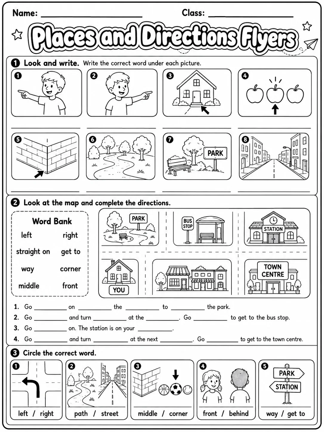 Places and Directions Flyers Vocabulary Worksheet Pack printable Flyers English worksheet bundle preview from KiwiBee