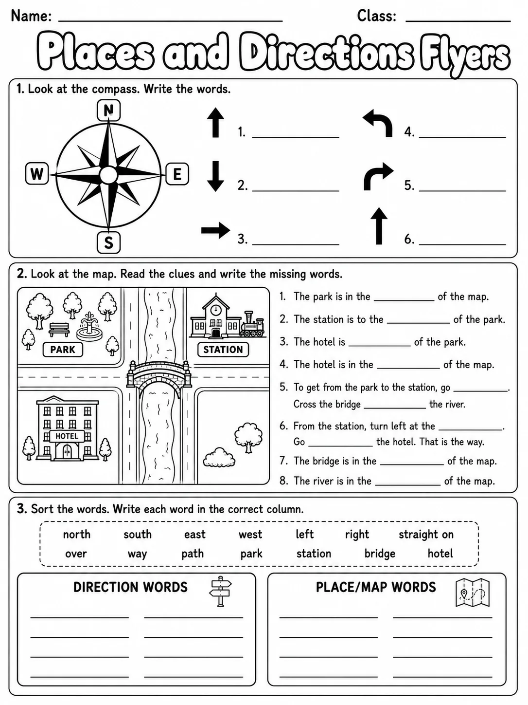 Places and Directions Flyers Vocabulary Worksheet Pack page 3 printable worksheet preview