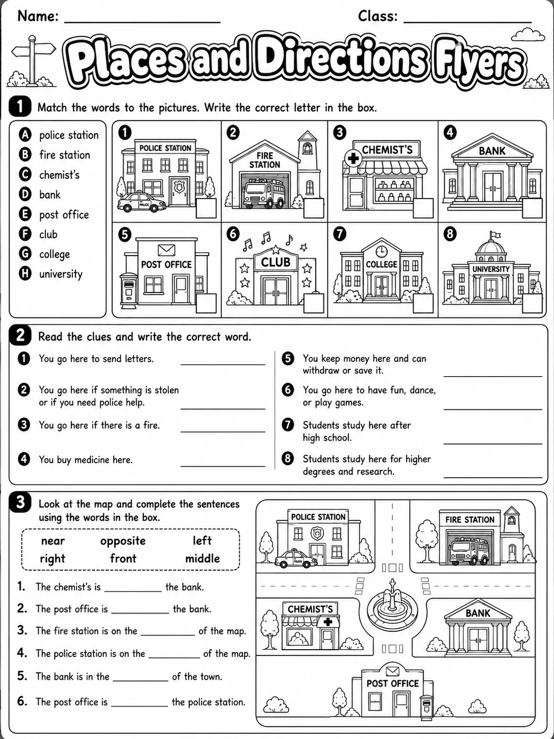 Places and Directions Flyers Vocabulary Worksheet Pack page 5 printable worksheet preview