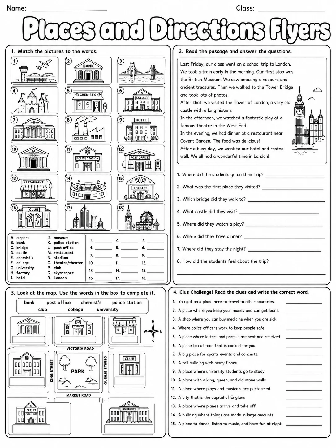 Places and Directions Flyers Vocabulary Worksheet Pack page 8 printable worksheet preview