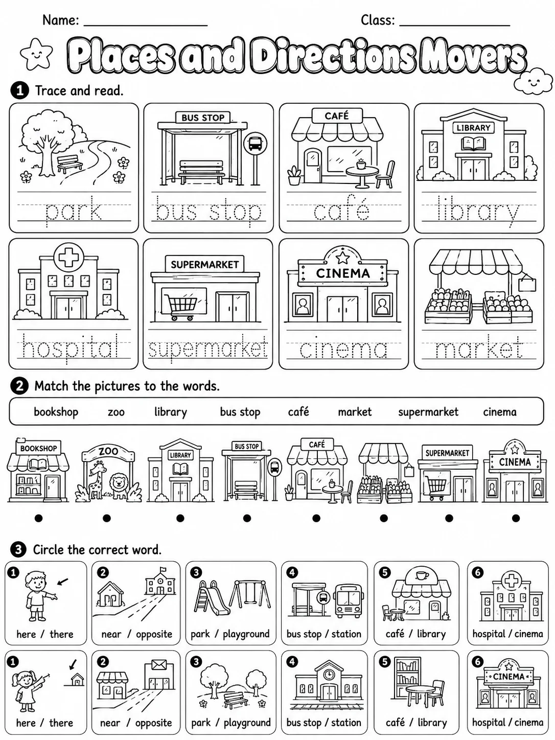Places and Directions Movers Vocabulary Worksheet Pack printable Movers English worksheet bundle preview from KiwiBee