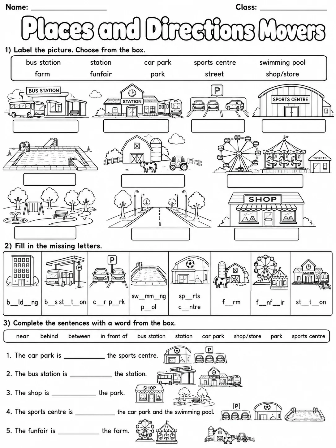 Places and Directions Movers Vocabulary Worksheet Pack page 2 printable worksheet preview