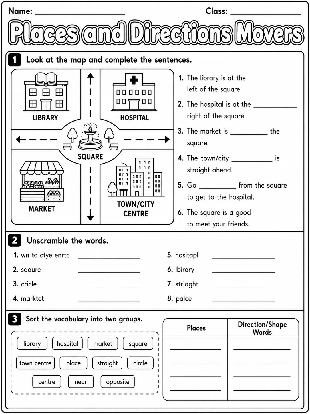 Places and Directions Movers Vocabulary Worksheet Pack page 3 printable worksheet preview