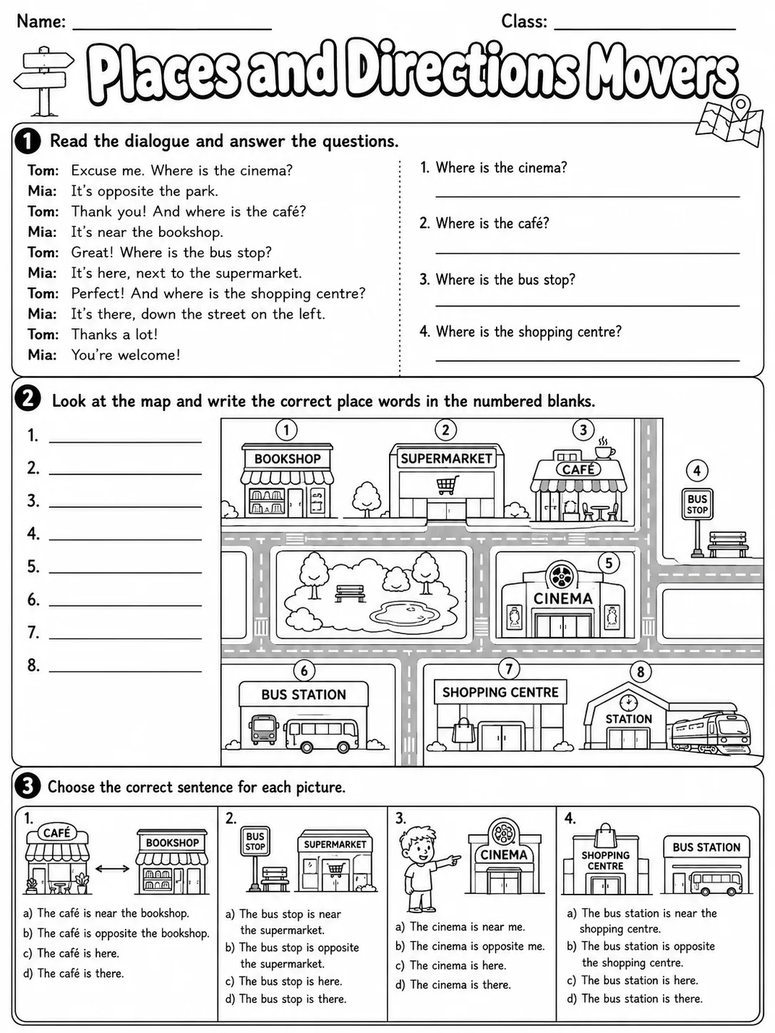 Places and Directions Movers Vocabulary Worksheet Pack page 4 printable worksheet preview