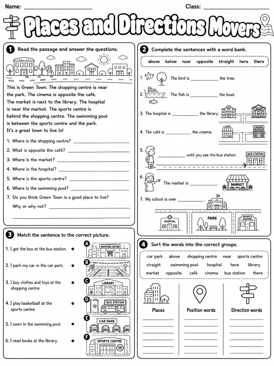 Places and Directions Movers Vocabulary Worksheet Pack page 8 printable worksheet preview