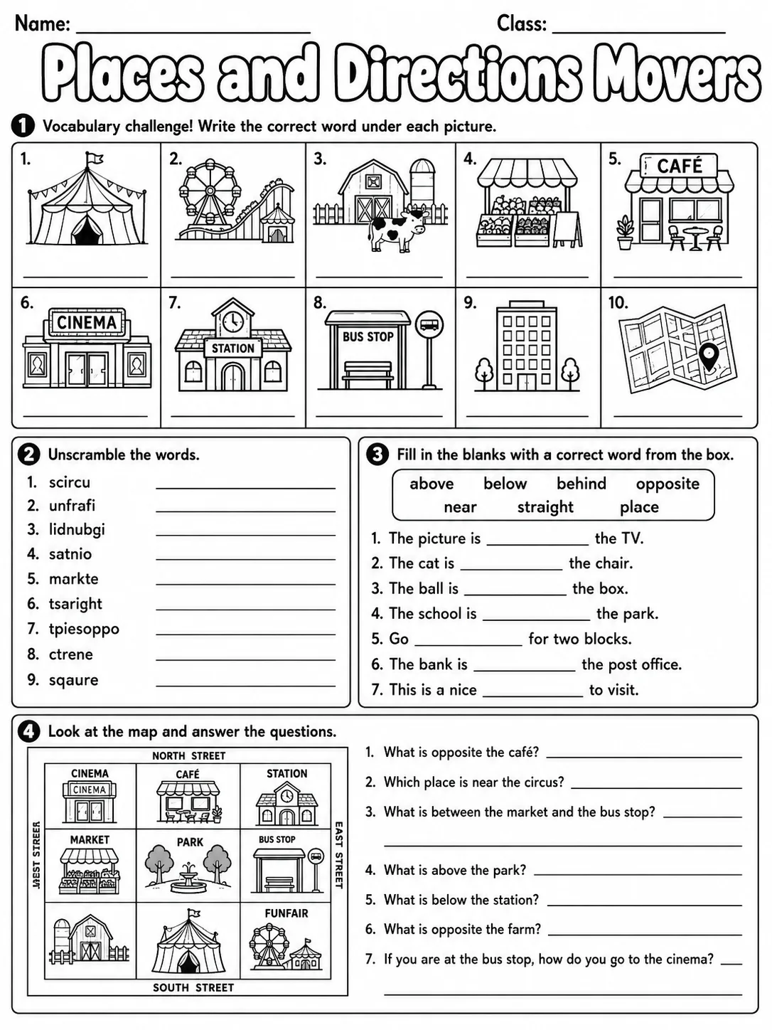 Places and Directions Movers Vocabulary Worksheet Pack page 9 printable worksheet preview