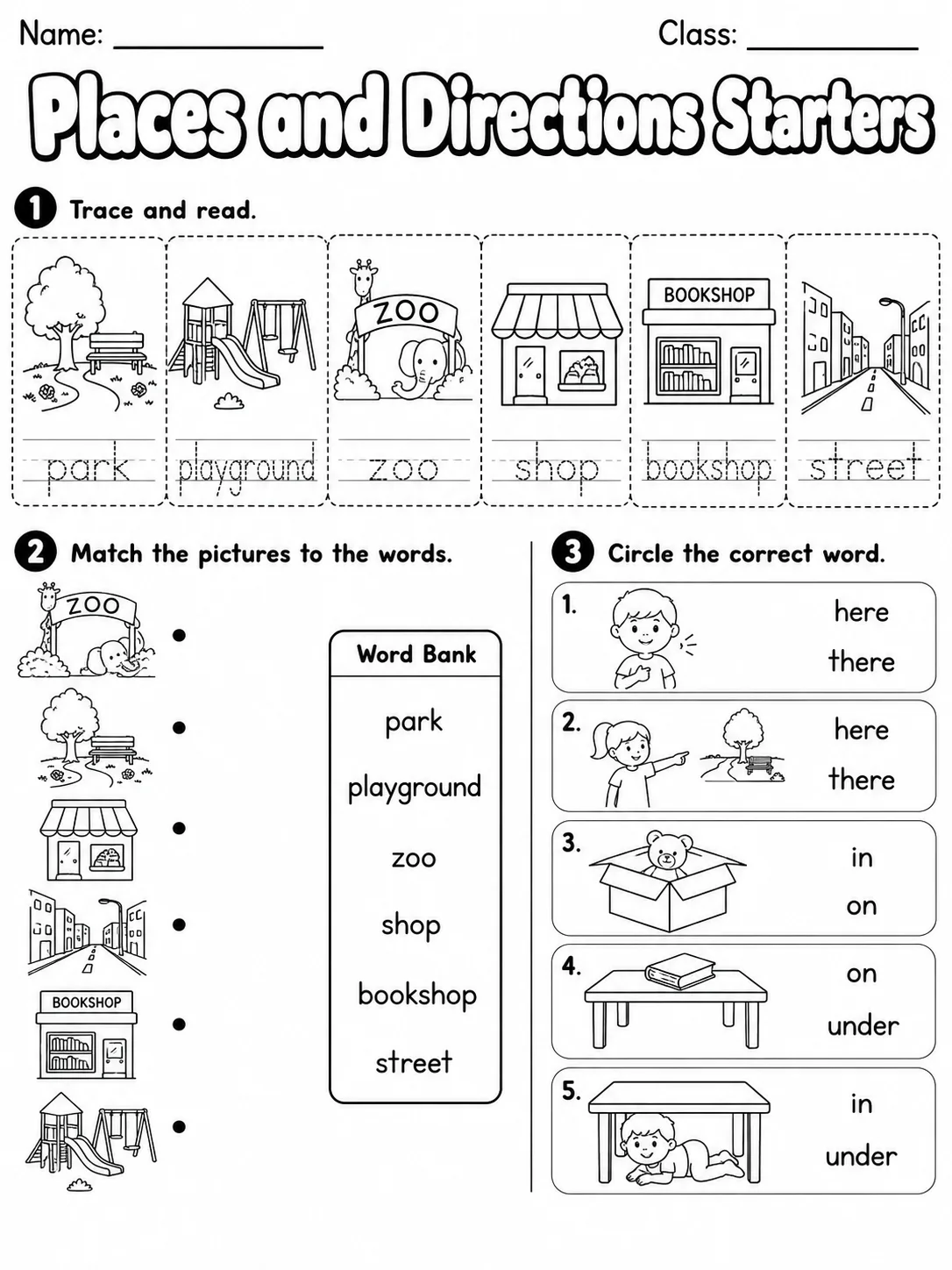 Places and Directions Starters Vocabulary Worksheet Pack printable Starters English worksheet bundle preview from KiwiBee