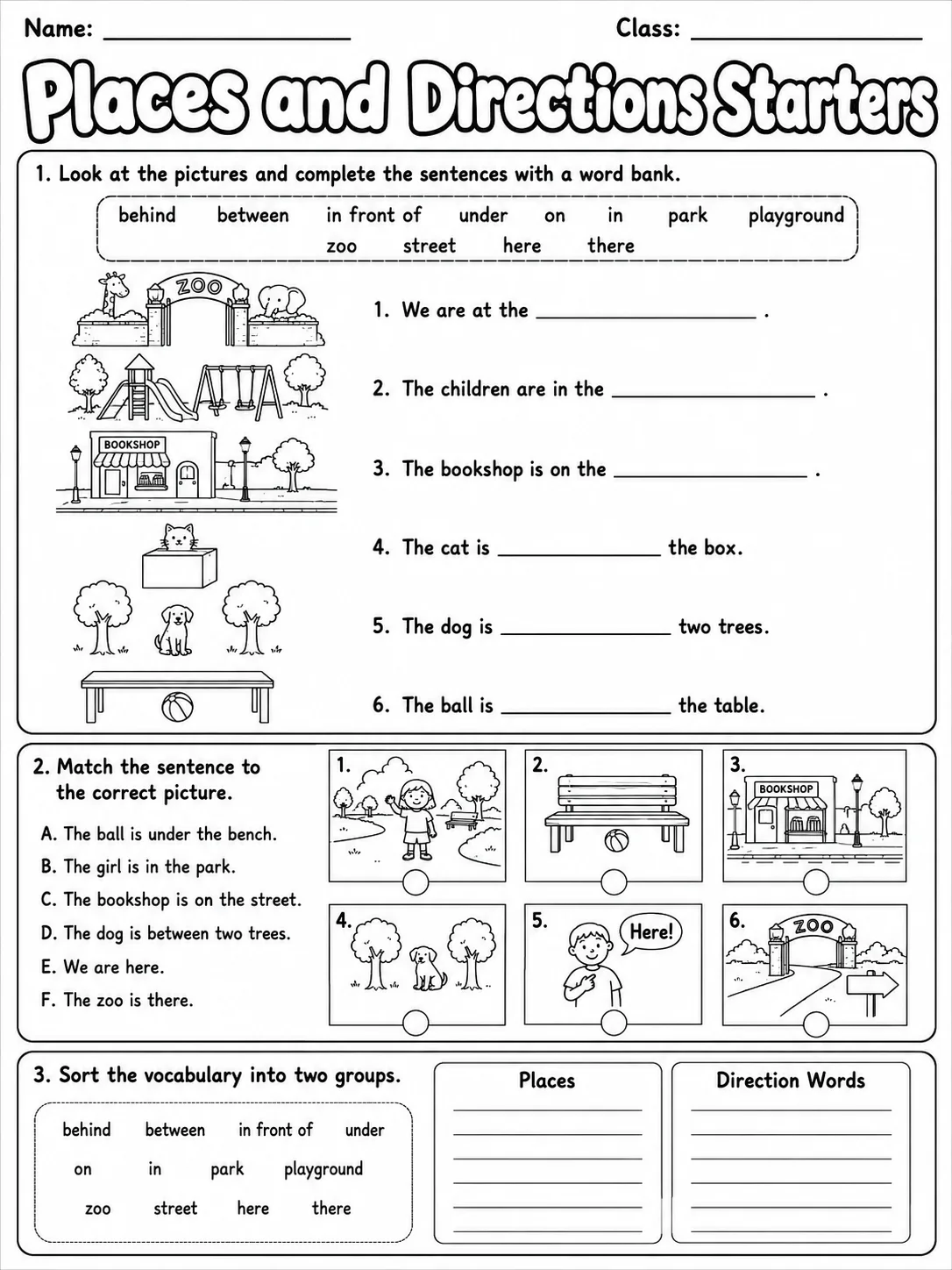 Places and Directions Starters Vocabulary Worksheet Pack page 3 printable worksheet preview