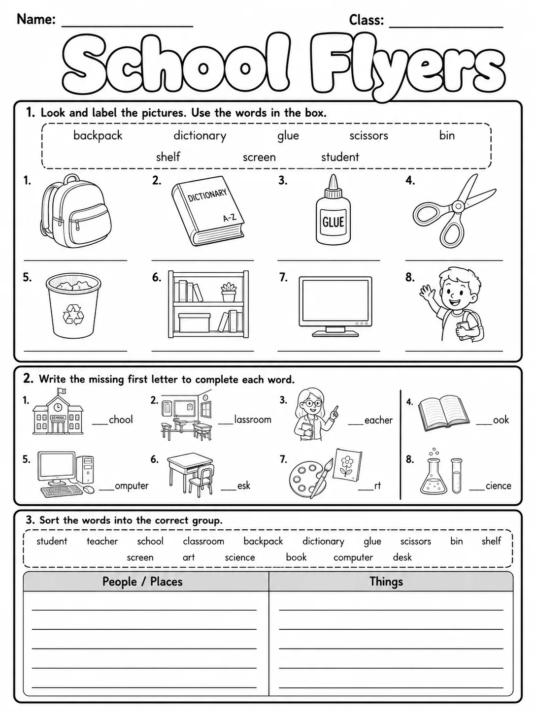 School Flyers Vocabulary Worksheet Pack printable Flyers English worksheet bundle preview from KiwiBee
