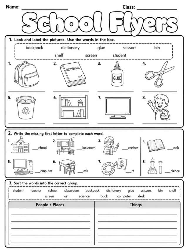 School Flyers Vocabulary Worksheet Pack